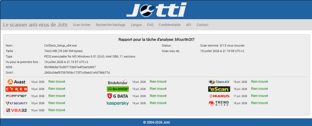 Rapport Jotti de l’installateur Ctrl Deck V1.7 affichant 0 détection sur 13 moteurs consultés.