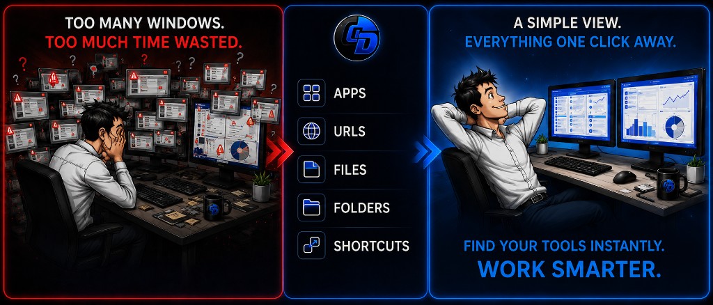 Ctrl Deck illustration — from cluttered workflows to a clean visual panel