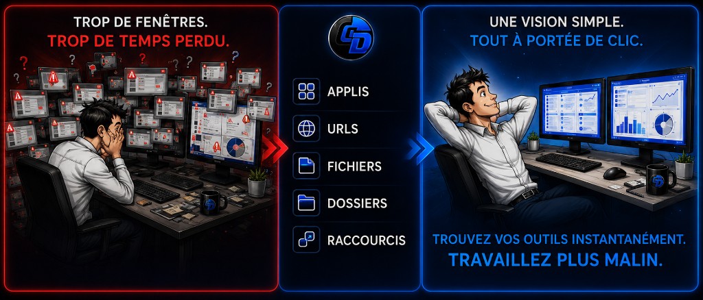 Illustration Ctrl Deck — d’un environnement encombré à un panneau visuel épuré